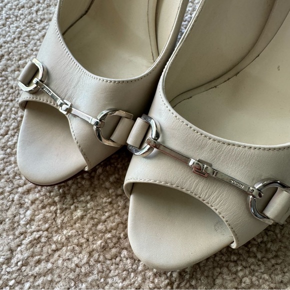 Gucci Horsebit Leather Peep Toe Stiletto Pumps Ivory Size 37 - Picture 10 of 14